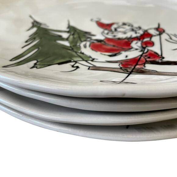 ELI + ANA Whimsy SKIING SANTA Dinner Plate Set of 4 Ceramic Christmas Holiday - Picture 8 of 16